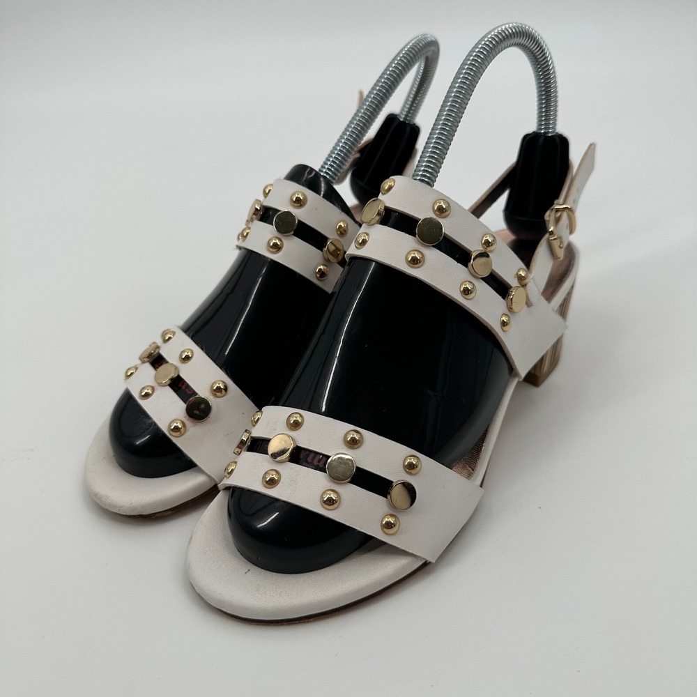 Albano Sandals Womens Size 6 White Leather Gold Studded Block Heel Slingback